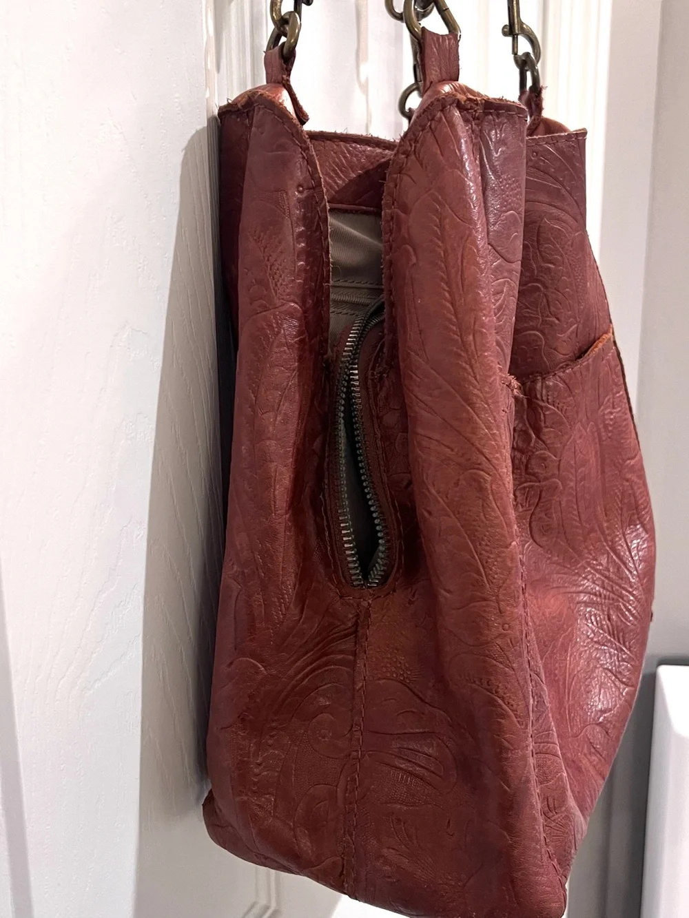 Embossed Leather Red Hobo Shoulder Bag